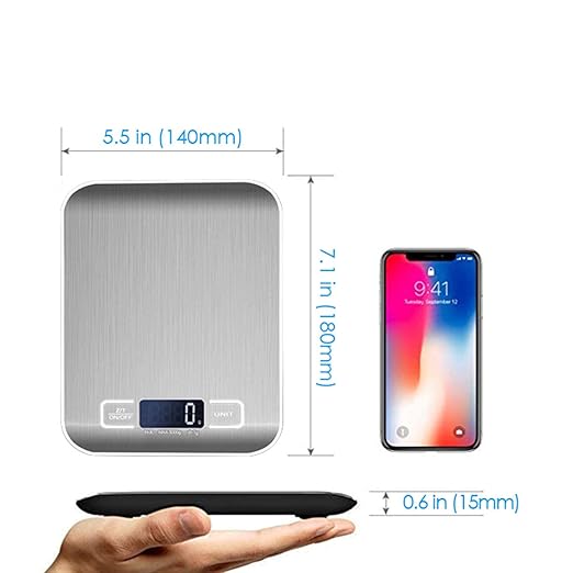 Digital Kitchen Scale,Food Scale for Meat Baking Weight,Unit Gram OZ lb Up 11 lb(1g-5KG),Silver Stainless Steel Anti-Fingerprint with Accuracy LCD Display for Cooking White(Include AAA Battery)