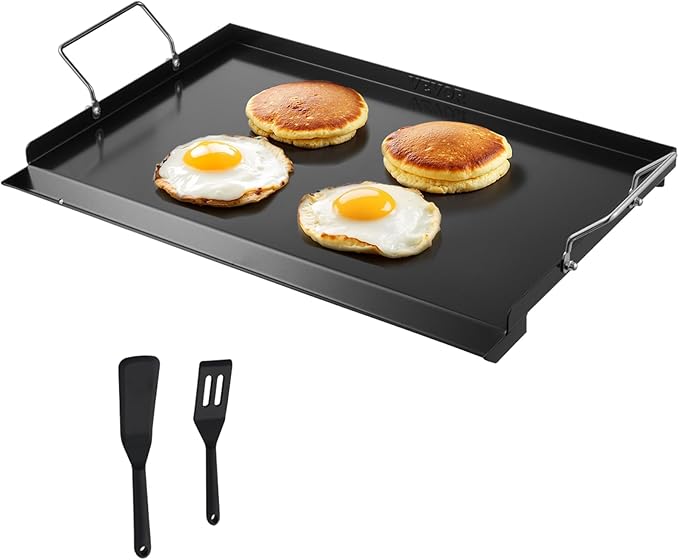 VEVOR Carbon Steel Griddle, Flat Top Plate, Griddle for BBQ Charcoal/Gas Gril with 2 Handles, Rectangular Flat Top Grill with Extra Drain Hole for Tailgating and Party