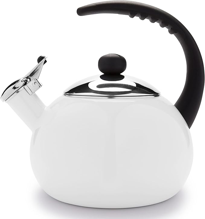 Farberware Luna Water Kettle, Whistling Tea Pot, Works For All Stovetops, Porcelain Enamel on Carbon Steel, BPA-Free, Rust-Proof, Stay Cool Handle, 2.5qt (10 Cups) Capacity (White)