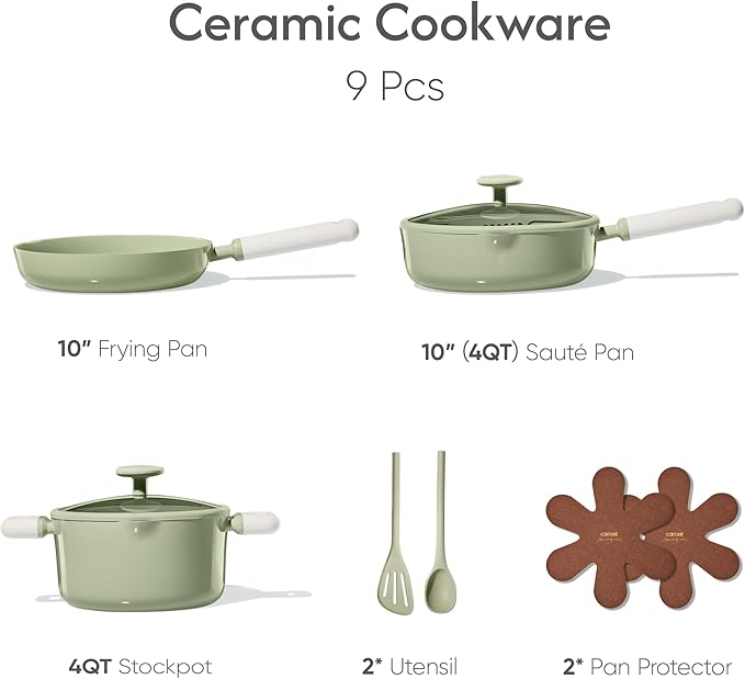 CAROTE Pots and Pans Set Nonstick, Ceramic Cookware Set, Green Cooking Set Kitchen Induction Set with Steamer, PFAS PTFE Free,9 Piece
