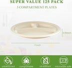 Vplus 100% Compostable Paper Plates, 125 Pack 9 Inch 3 Compartment Plates Disposable, Heavy Duty Biodegradable Plates Made of Sugar Cane Fibers, for Daily meals, Dinner, Parties, BBQ