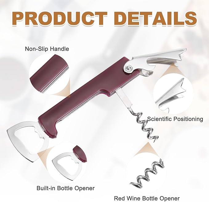uxcell 2 Pcs Wine Opener, Bottle Opener, Durable Stainless Steel Waiter's Corkscrew, Compact All-In-One Home Bar Tool for Bar, Party, Wedding, Home, Travel, Dark Red