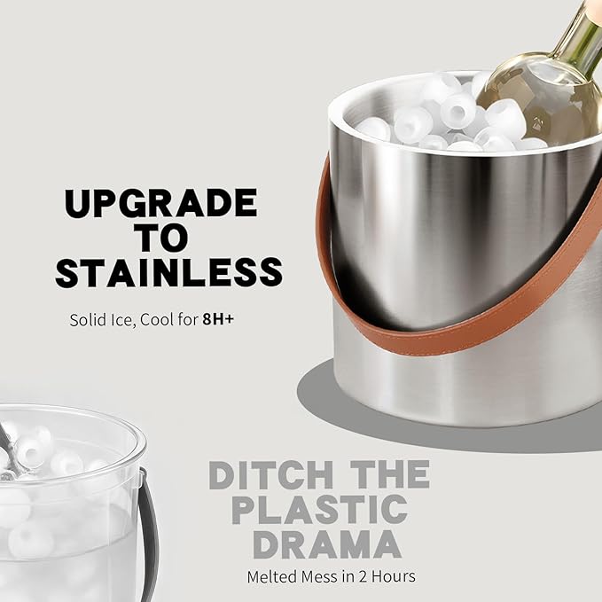 Bakpoco Insulated Ice Bucket with Lid, Scoop, Ice Tongs & Detachable Double-Sided PU Cover– 4L Double-Wall Stainless Steel Ice Buckets for Parties, Cocktail Ba, Champagne & Bar Cart Accessories