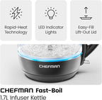 Chefman Electric Kettle with Tea Infuser, 1.7L 1500W, Removable Lid for Easy Cleaning, Boil-Dry Protection, Stainless Steel Filter, BPA Free, Auto Shut Off Hot Water Boiler, Glass Electric Tea Kettle