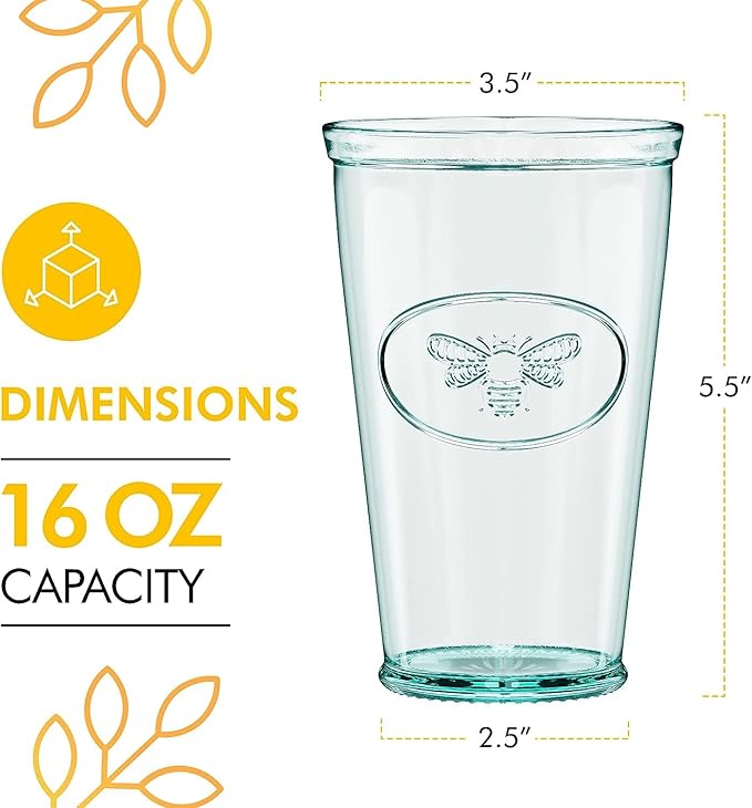 Amici Home Bee Hiball Glass | 16 Oz | Italian Made, Recycled Glass with Green Tint | Drinking Glass with Embossed Bee Design for Water, Juice, Cocktails (Set of 6)