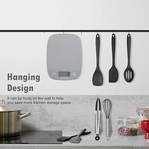NUTRI FIT Food Scale Kitchen Scales Digital Weight Grams and Ounces for Baking Cooking, Weighing Scale Portion Control, Max 11lb 1g Increment 6 Units Smart Tare Hanging Storage, Gray