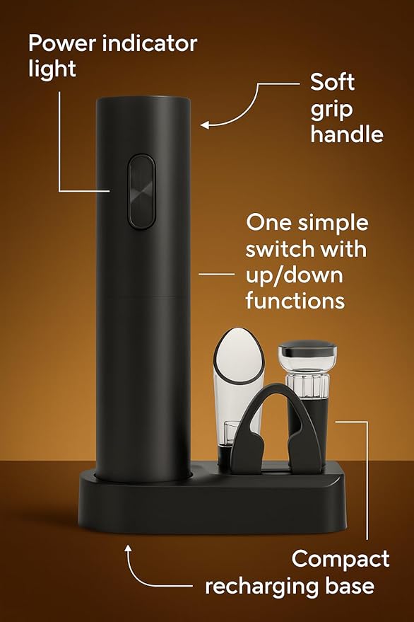 5 in 1 AA Battery Operated Electric Wine Opener Set – Automatic Wine Bottle Opener with Storage Base, Vacuum Stopper, Foil Cutter & Aerator Pourer and Easy Cork Removal