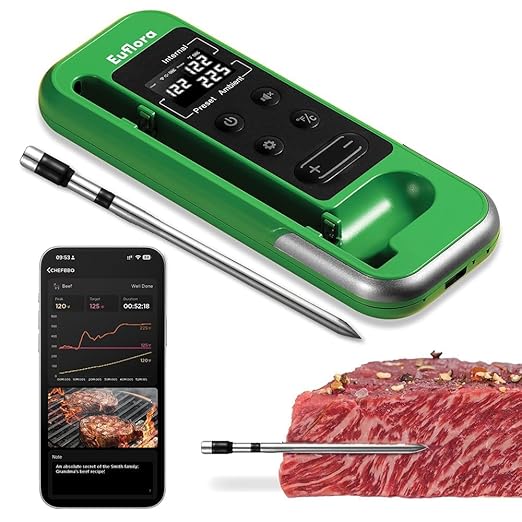 Wireless Meat Thermometer with Digital Meat Probe, Measures Internal & Ambient Temp, 800FT Bluetooth Meat Thermometer with Host Control for Barbecue, Outdoor Grilling, Oven & Smoker (Lime)