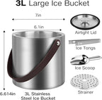 3L Large Ice Bucket with Lid, Scoop, Ice Tong, Strainer & Leather Handle Keep Ice Frozen Longer Large Wine Ice Buckets for Parties,Cocktail Bar, Chilling Beer Champagne, Dark Brown Handle 3L