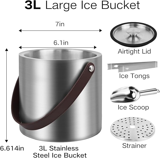 3L Large Ice Bucket with Lid, Scoop, Ice Tong, Strainer & Leather Handle Keep Ice Frozen Longer Large Wine Ice Buckets for Parties,Cocktail Bar, Chilling Beer Champagne, Dark Brown Handle 3L