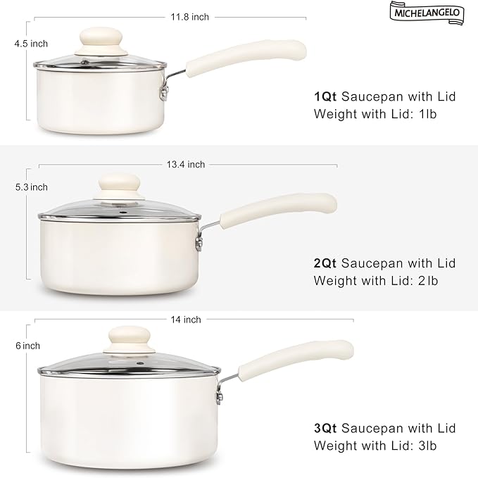 MICHELANGELO Nonstick Saucepan with Lid, Ceramic Sauce Pan Sets, Easy to Clean Sauce Pans, Multi-Purpose Cooking Pots, 1QT, White