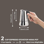 2 Cup 100ml Moka Pot Stainless Steel Espresso Coffee Maker Stovetop Coffeemaker Italian Classic Style Brewing Greca Cafe Mocha Machine for Cafeteras Lover Camping Travel and Home Use 3.3oz