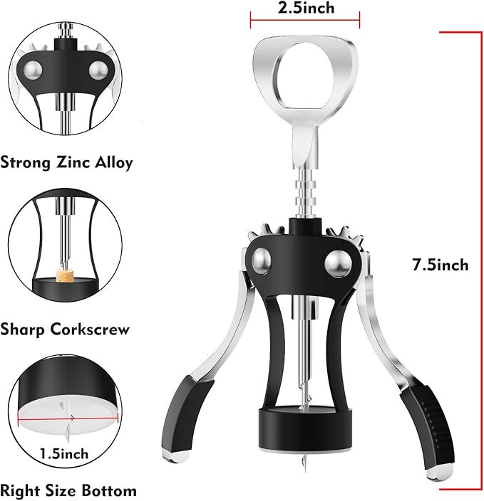 KORCCI Wine Opener, Heavy-Duty Zinc Alloy Wing Corkscrew, Premium Beer Bottle Opener, Multifunctional Wine Accessories with Ergonomic Handle and Sharp Screw, for Kitchen, Bar, Restaurant (BLACK)