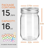 Glass Mason Jars 16 oz with Airtight Lids and Bands - 15 Pack Regular Mouth Pint Canning Jars for Pickling, Meal Prep, Overnight Oats, Dry Food & DIY Crafts - Includes 24 Stickers & Brush