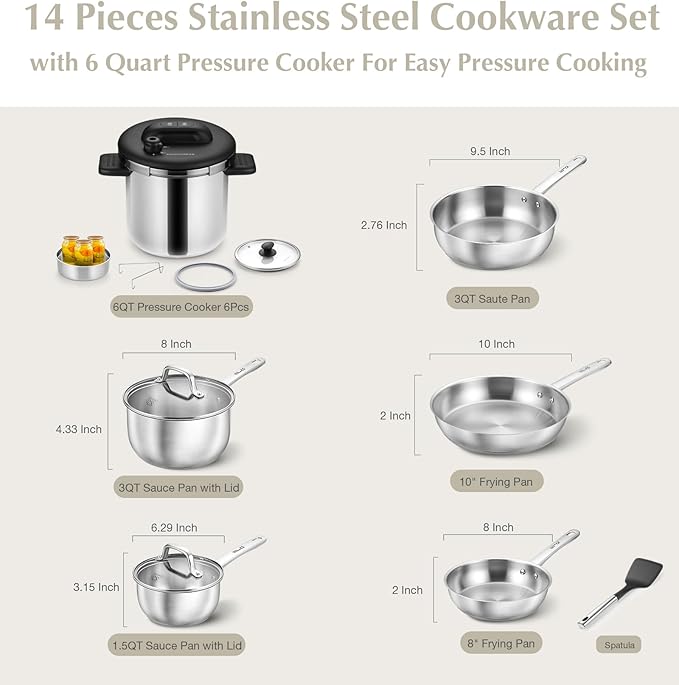 KOCH SYSTEME CS 14 Piece Stainless Steel Cookware Set with Pressure Cooker, Stainless Steel Pressure Cooker with Pots and Pans Set, 18/10 Stainless Steel Cookware Set, Induction Ready