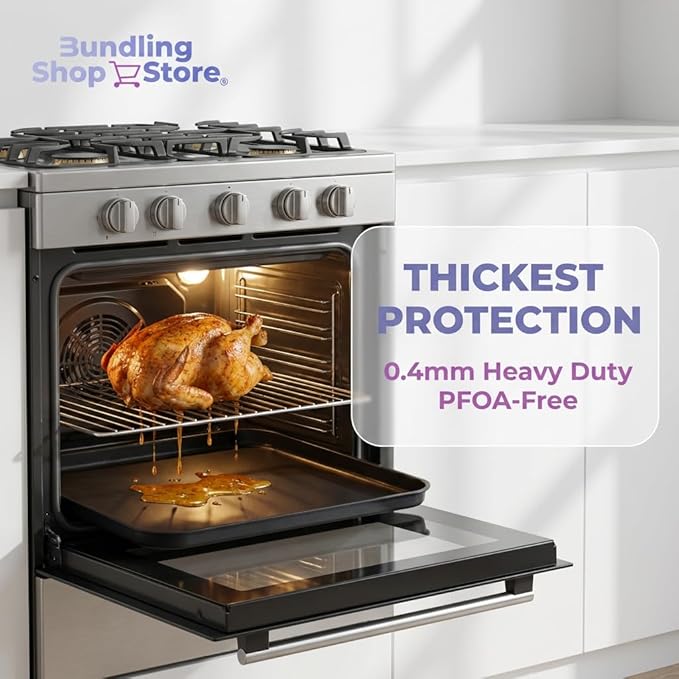4-Pack Oven Liners (16" x 13") – Heavy Duty 0.4mm PFOA-Free PTFE Non-Stick Sheets for Gas & Electric Ovens, Baking & Grilling – Includes 1 Bonus Nano Rust Eraser Sponge