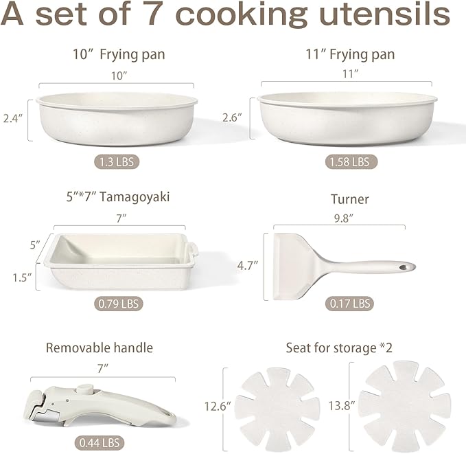 GiPP Ceramic Pots and Pans Set Non Stick, Nonstick Detachable Handle Cookware Sets, Non Toxic Induction Kitchen Pot and Pan with Removable Handle, Healthy RV Cookware, Dishwasher ＆Oven Safe, 7 Piece