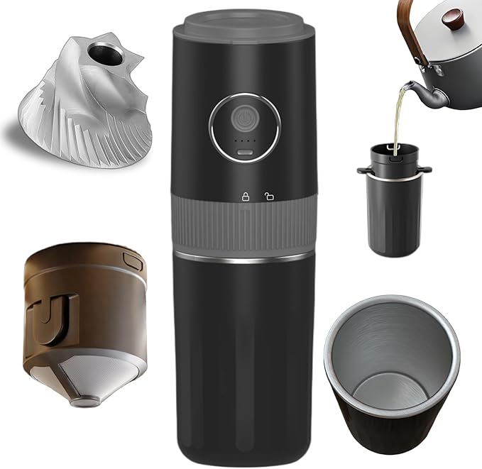 Portable Electric Coffee Grinder and Brewing Kit, Rechargeable, Conical Burr Coffee Grinder with Filter, 32g Capacity & 320 ml Coffee Cup for Camping, Travel, Office, Espresso, Pour Over, etc (Black)