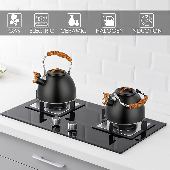 Tea Kettle -3.0 Quart Whistling Tea Kettle for Stove Top Stainless Steel Tea Pot Stovetop Food Grade Water Kettle with Wood Pattern Handle for Coffee/Tea/Milk Kettle Pot -Black