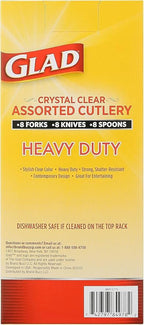 Glad Crystal Clear Assorted Plastic Cutlery Forks - Heavy Duty Disposable Silverware for Tabletop - Forks, Knives, Spoons, 24 Count - 12 Pack
