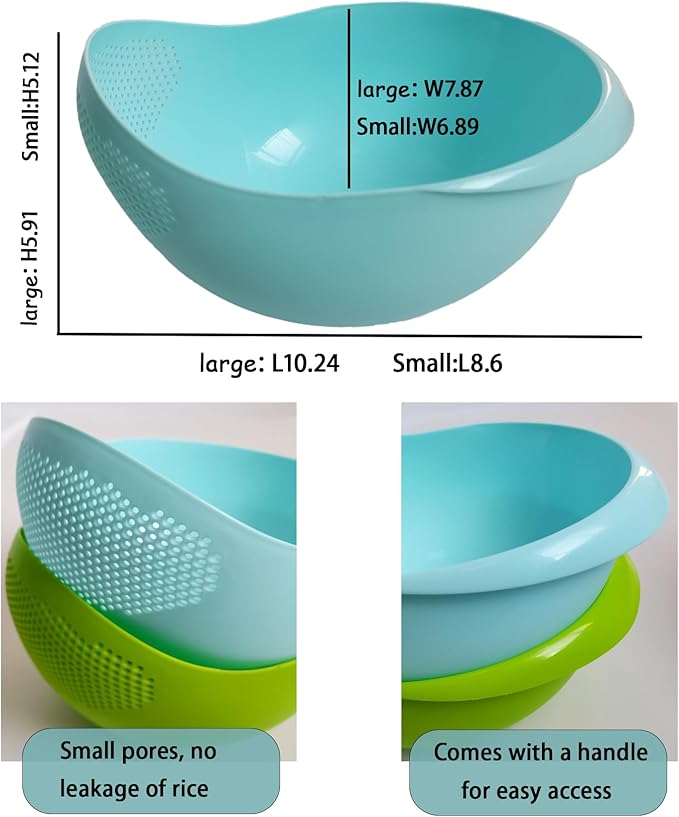 2-in-1 Rice Colander, Vegetable and Fruit Cleaning Filter Basket, 2Piece Sturdy and Easy-To-Use Food Grade Kitchen Tool Accessories (blue, large+small)