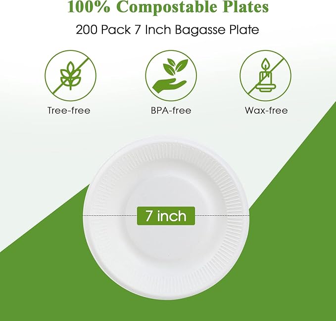 Vplus 100% Compostable Paper Plates, 200 Pack 7 Inch Disposable Paper Plates, Uncoated Biodegradable, Made of Sugar Cane Fibers, Perfect for Sandwich, Cake, and Snack
