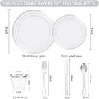 WELLIFE 300 PCS Silver Dinnerware Set for 50 Guests, Silver Plastic Disposable Plates for Party, 50 Dinner Plates, 50 Salad Plates, 50 Cups Forks Knives Spoons for Wedding and Party Anniversary