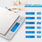 Small Digital Food Scale Ounce/OZ and Gram Scale, Kitchen Scale 3000g/0.1g High Precision for Baking, Soap Making, Jewelry, Includes 2 Trays and Batteries, 9 Units, Tare Function, Easy to Store