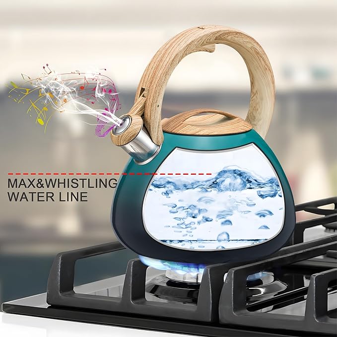 MARSKITOP Whistling Tea Kettle for Stove Top 2.6 Quart, Food Grade Stainless Steel Teapot for Stovetop with Cool Touch Ergonomic Handle, Tea Pot for Stove Induction Cooktop, Green