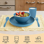 Wheat Straw Dinnerware Sets for 4, Reusable Plastic Dinner Plates, Unbreakable Kids Plates and Bowls Sets 20 PCS, Dishwasher & Microwave Safe Kitchen Camping Dorm Dish Sets- Blue