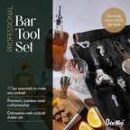 Barillio Bartender Kit Bag with Cocktail Shaker Set - Waxed Canvas, Traveling Bar Tools Bag with 17-Pc Cocktail Kit - Travel Mixology Bartending Kits - Mobile Bar Roll with Strap & Accessories