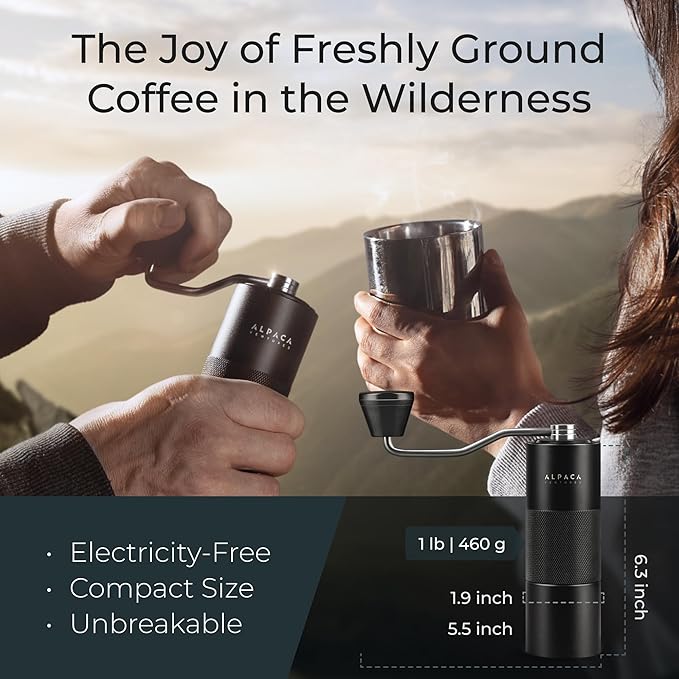 Premium Manual Coffee Grinder for Espresso, Pour Over & French Press with Stainless Steel Conical Burr, Precision Adjustable Hand Grinder, Compact Travel Size - by Alpaca Ventures