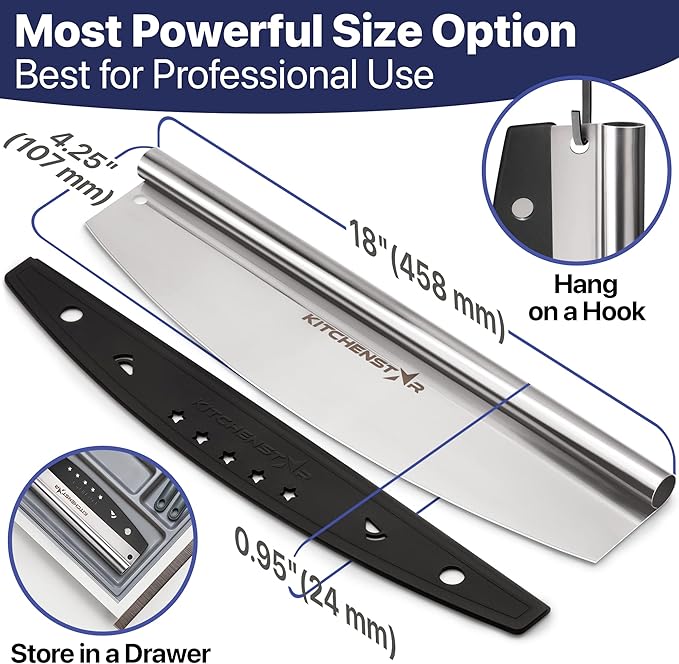 KitchenStar 18-Inch Pizza Cutter Rocker Blade - Sharp Stainless Steel Slicer Knife, Protective Cover, Dishwasher Safe, Extra Large - Commercial Pizza Oven Accessories