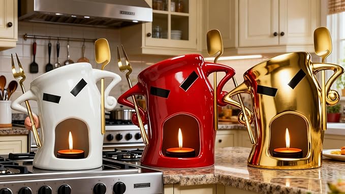 Ceramic Fondue Cup Set w/Built-In Fork & Spoon - Mini Chocolate/Cheese Fondue Mug | Microwave & Dishwasher Safe | Compact Gift-Ready (Red)