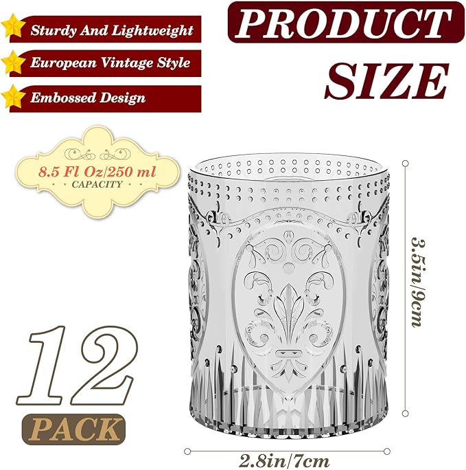 Qinyoung 12 Plastic Vintage Drinking Glasses 8.5oz Stemless Retro Embossed Wine Glasses Shatterproof Reusable Cups for Baby Shower Wedding Reception Grand Event Party (Black)