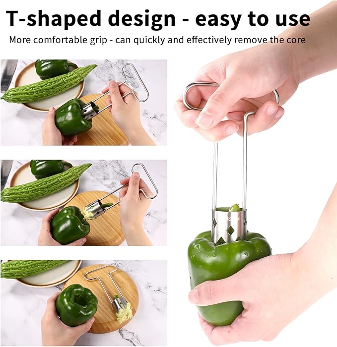 Red Bell Pepper Seed Corer, Upgraded T Shaped Vegetable and Fruit Corer Stainless Steel Tomato Apple Seed Remover Tool Practical Kitchen Gadget for Removing Fruit & Vegetable Cores