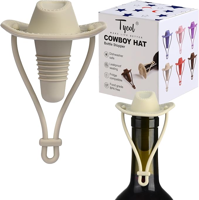 Silicone Wine Stopper Cute Wine Accessories Reusable Sealing plug Fun Cowboy Hat bottle Seals keep wine fresh Gifts for Wine Collector replacement Corks (White)