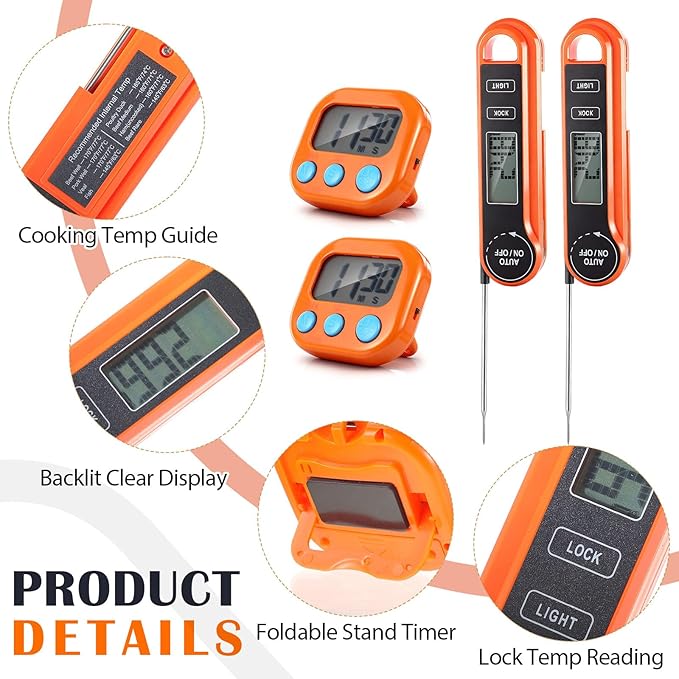 Kingdder 12 Pcs/ 6 Sets Meat Thermometer Digital with Magnetic Kitchen Timer Kit, Fast Instant Read & Waterproof & Foldable Food Thermometer & Kitchen Timer Bulk for Cooking, Grilling, Candy, BBQ