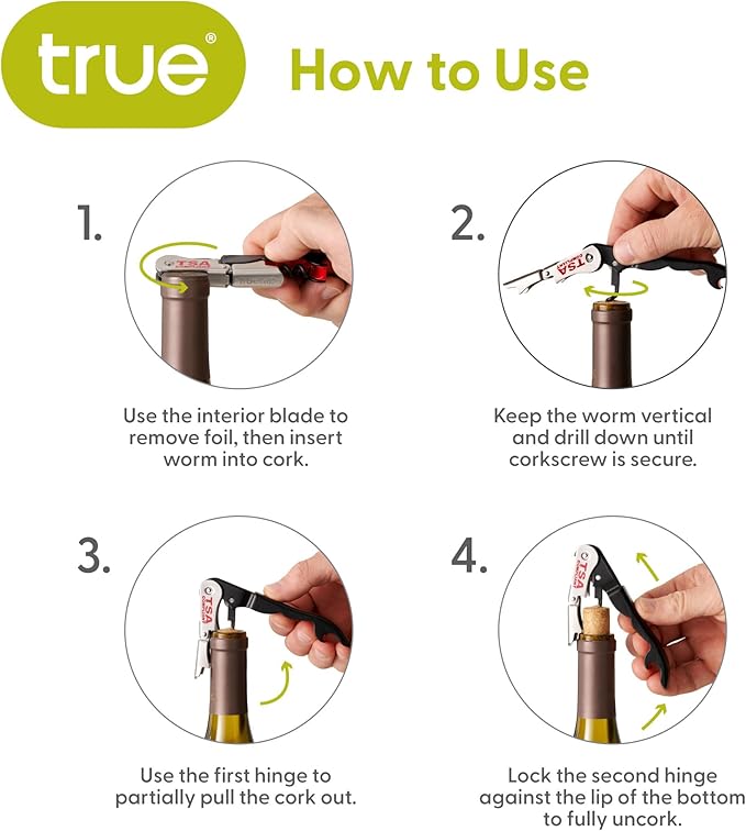 True Jetsetter TSA Compliant Double Hinged Waiters Corkscrew Wine Opener, Durable Stainless Steel with Built-in Bottle Opener and Foil Cutter for Travel, Outdoor Adventures, Home Bar, Set of 1, Black