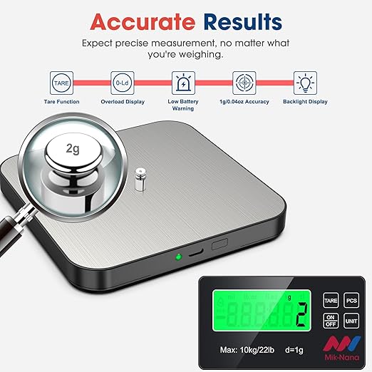 Mik-Nana Food Scale, 22lb Digital Kitchen Scale with 7 Units LCD Display & Tare Function, Stainless Steel Weight Grams and Ounces for Baking, Cooking and Meal Prep (Batteries Included)