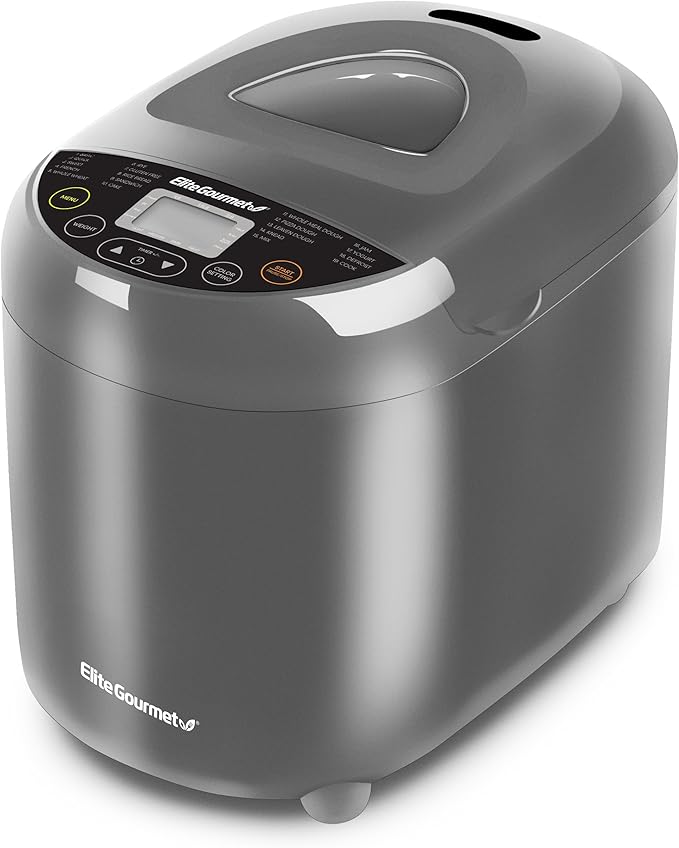 Elite Gourmet Programmable Bread Maker with PFAS-Free CERALAST™ Ceramic Pan, 2 lb Loaf, 19 Presets incl. Gluten-Free, 3 Sizes, Delay Timer, Steel Gray