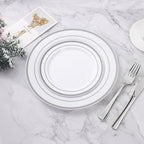 BESTVIP 100PCS Silver Plastic Plates, 10.25 Inch Disposable Dinner Plate Party with Silver Rim for Christmas, Thanksgiving, Heavy Duty Disposable Plastic Plates for Party, Wedding and Birthday, Events