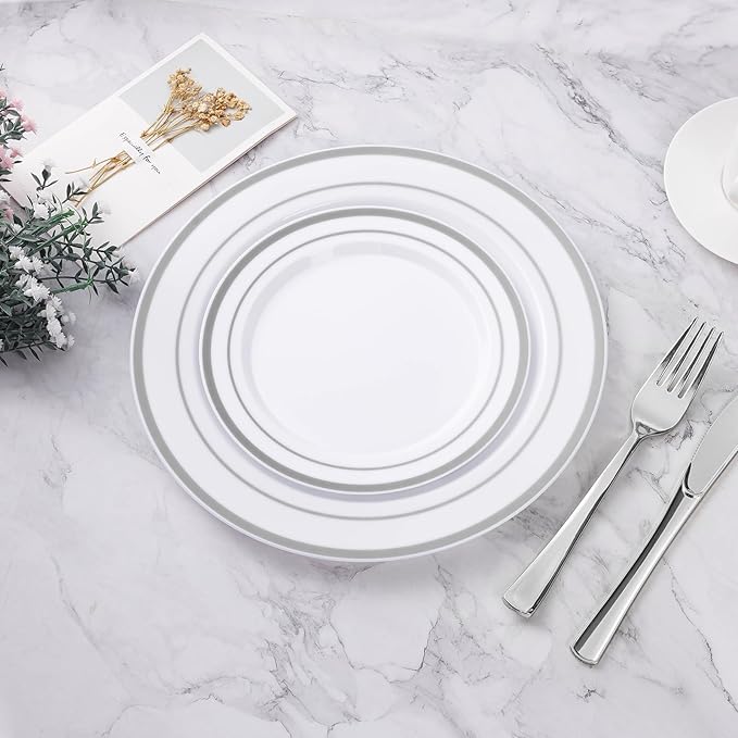 BESTVIP 100PCS Silver Plastic Plates, 10.25 Inch Disposable Dinner Plate Party with Silver Rim for Christmas, Thanksgiving, Heavy Duty Disposable Plastic Plates for Party, Wedding and Birthday, Events