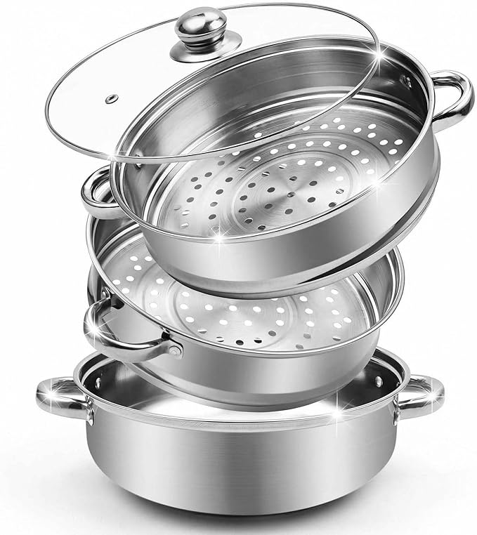AuFranc® 5 Quart Steamer for Cooking - Stainless Steel Steam Pot with Steamer Basket, Multipurpose Cooking Stock Pot with Tempered Glass Lid, Non-Toxic Cookware for Slow Cooking and Steaming (Silver)