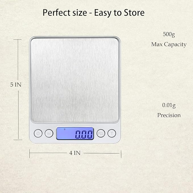 Kitchen Scale, LZPGITGD Digital Food Scale Weight Grams and OZ for Cooking Baking, Coffee, Loss Dieting, Jewelry and Meal Prep, 2 Trays, LCD, Auto Off, Tare Function, Stainless Steel(500g/0.01g)