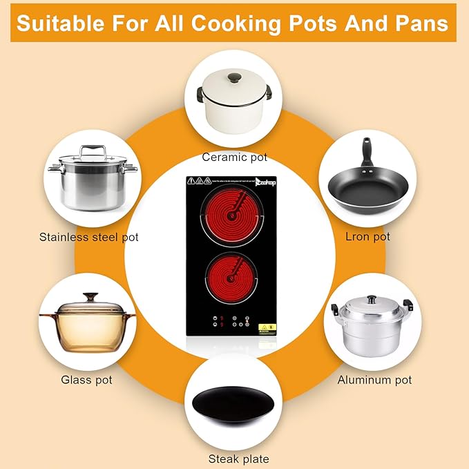 Winado 2 Burners Electric Ceramic Cooktop 20 inch, 220-240V Flat Top Stove, Multi-function Elecric Stovetop w/9 Heating Level, Timer & Kid Safety Lock, Sensor Touch Control, Timer Setting, Plug, 3000W