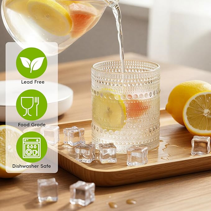 Moretoes Hobnail Drinking Glasses Set of 12,10 Oz Cocktail Glasses Vintage Glassware, Textured Glass Cups Bubble Glasses Water Glasses Old Fashion Jupiter Glasses Set (Clear)