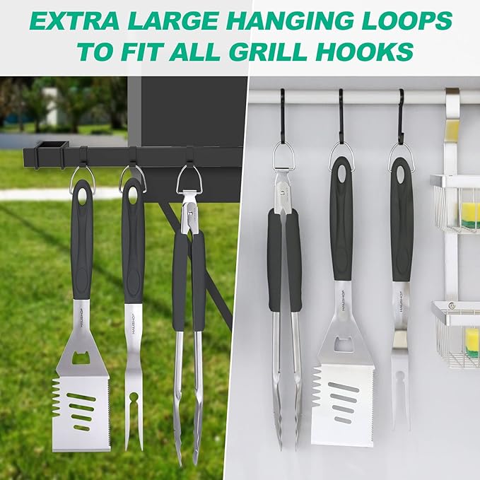 HAUSHOF Large Grill Accessories Heavy Duty BBQ Set Gifts for Men/Women - Premium Stainless Steel Spatula, Fork & Tongs, Barbecue Utensils Tool Kit Gift for Grilling Lover Outdoor