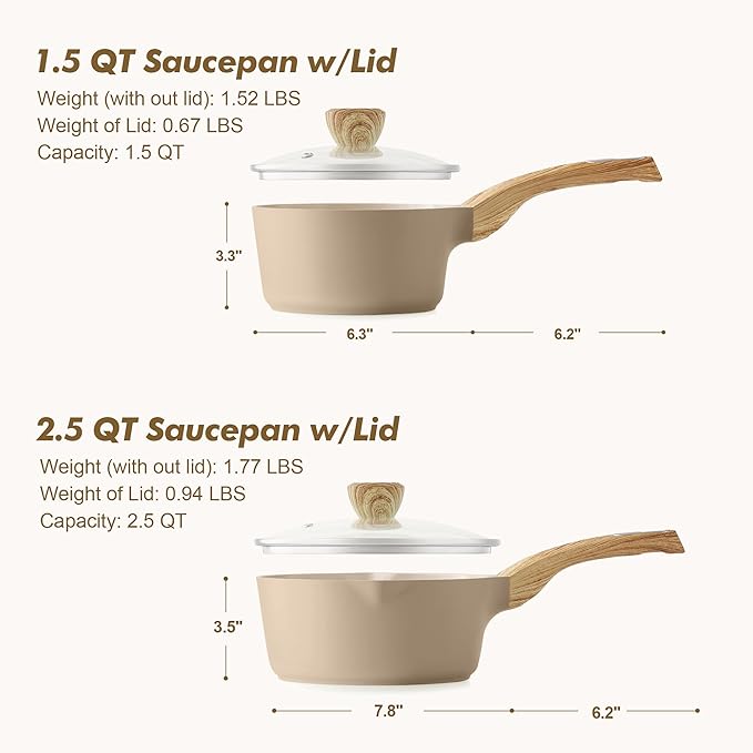 SENSARTE 1.5 & 2.5 Quart Ceramic Sauce Pan Sets with Lid, Cooking Pots Set, Nonstick Saucepan Set with Pour Spout, Small Kitchen Pot, Non toxic Saucepot, Induction Comptable, PFOA PTFE PFAS Free