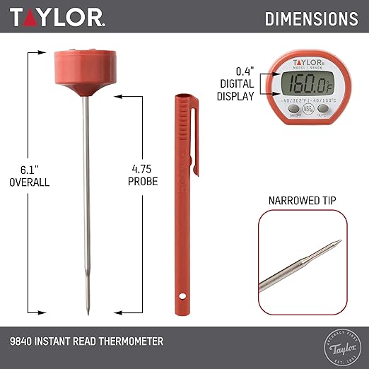Taylor Instant Read Digital Meat Food Grill BBQ Cooking Kitchen Thermometer, Comes with Pocket Sleeve Clip, Red